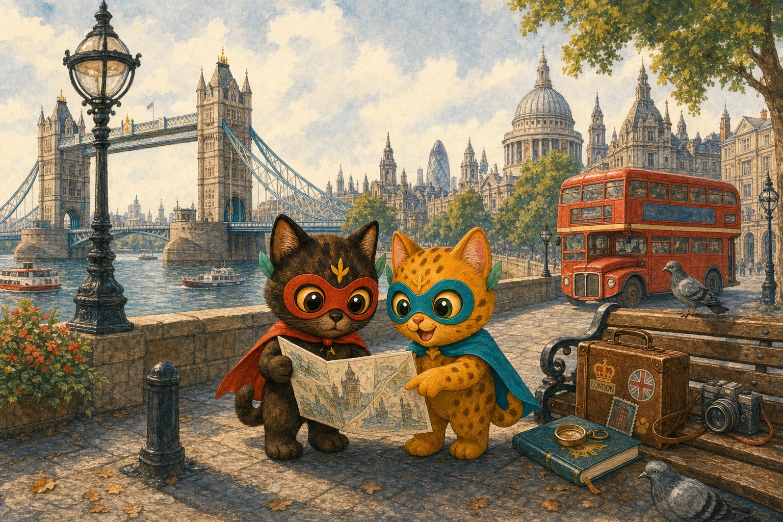 Bobo and Lumen follow a map beside the Thames with Tower Bridge and a red London bus behind them