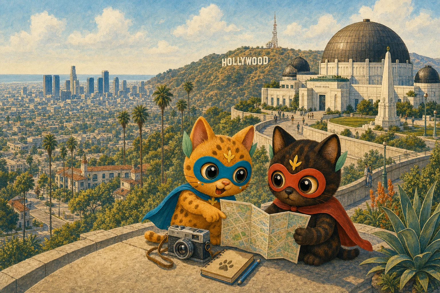 Bobo and Lumen study a map at Griffith Observatory above Los Angeles and the Hollywood hills