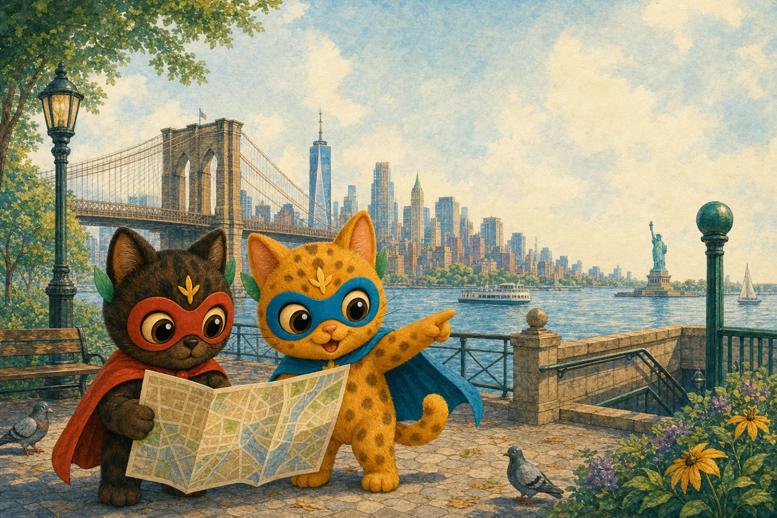 Bobo and Lumen use a map while exploring the New York waterfront