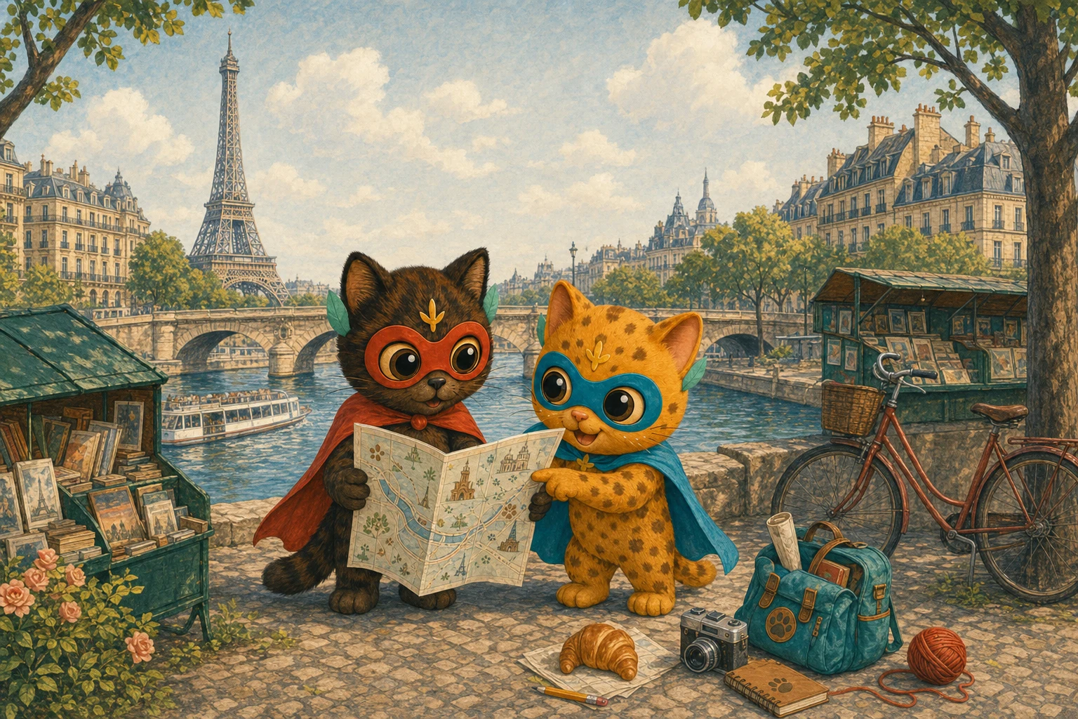 Bobo and Lumen read a map beside the Seine with the Eiffel Tower and Paris booksellers behind them