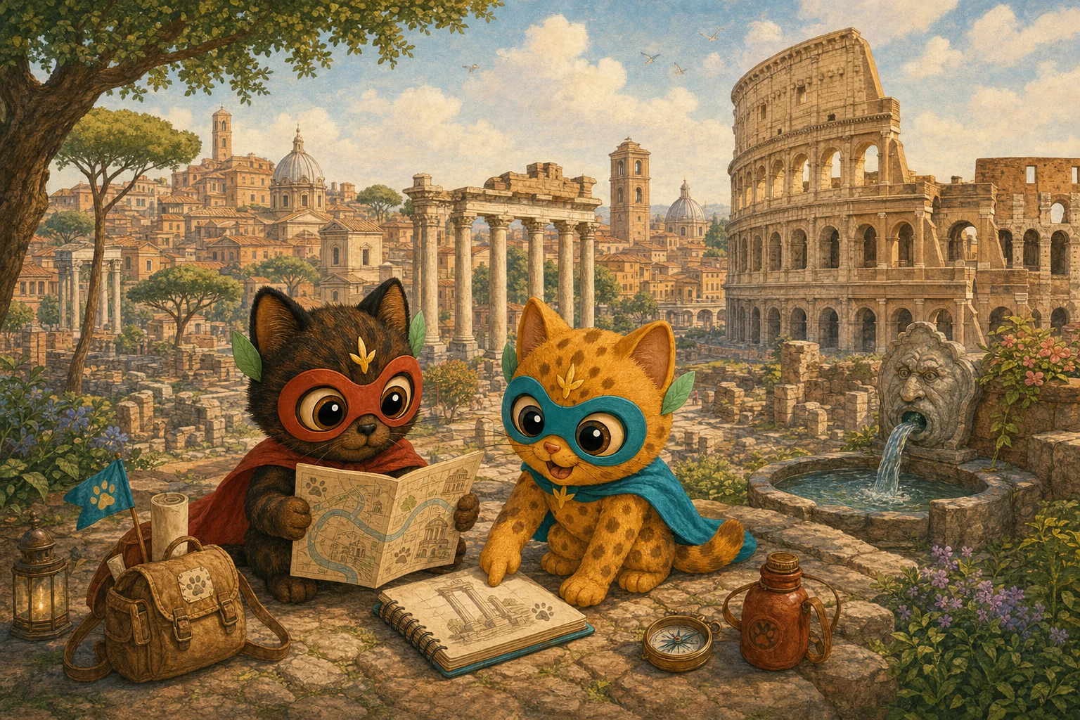 Bobo and Lumen explore ancient Rome with the Colosseum and Roman Forum behind them