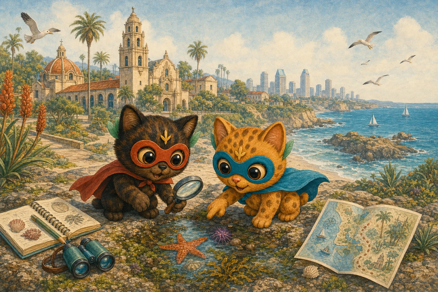 Bobo and Lumen examine a San Diego tide pool with Balboa Park and the Pacific coast beyond