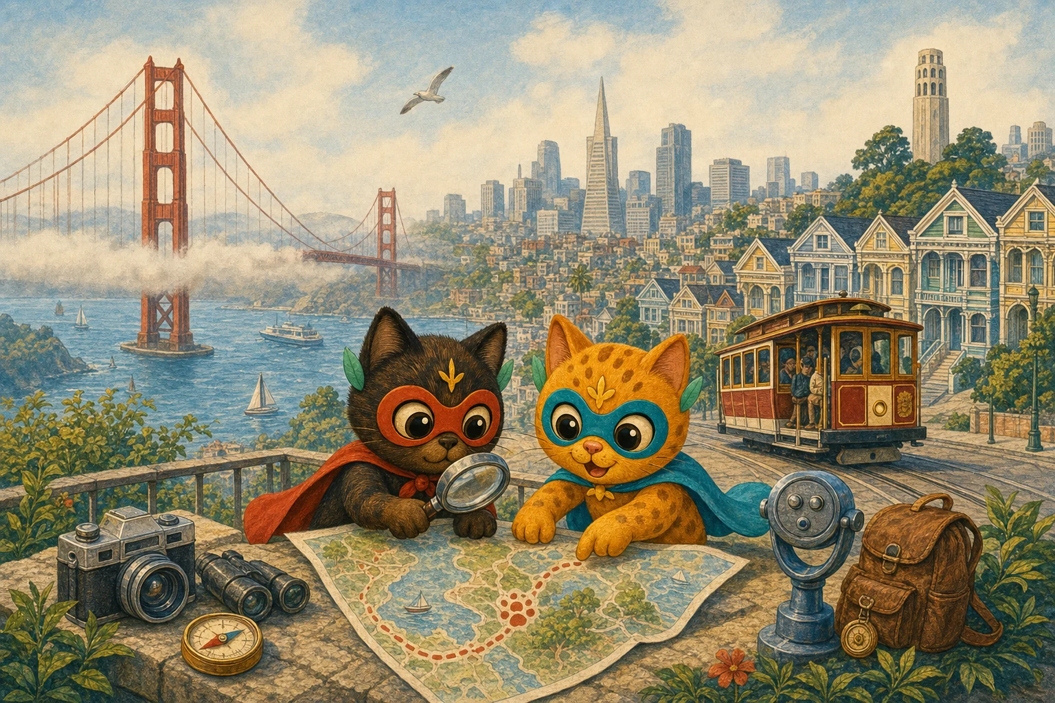 Bobo and Lumen investigate a San Francisco map above the bay with a cable car and the Golden Gate Bridge