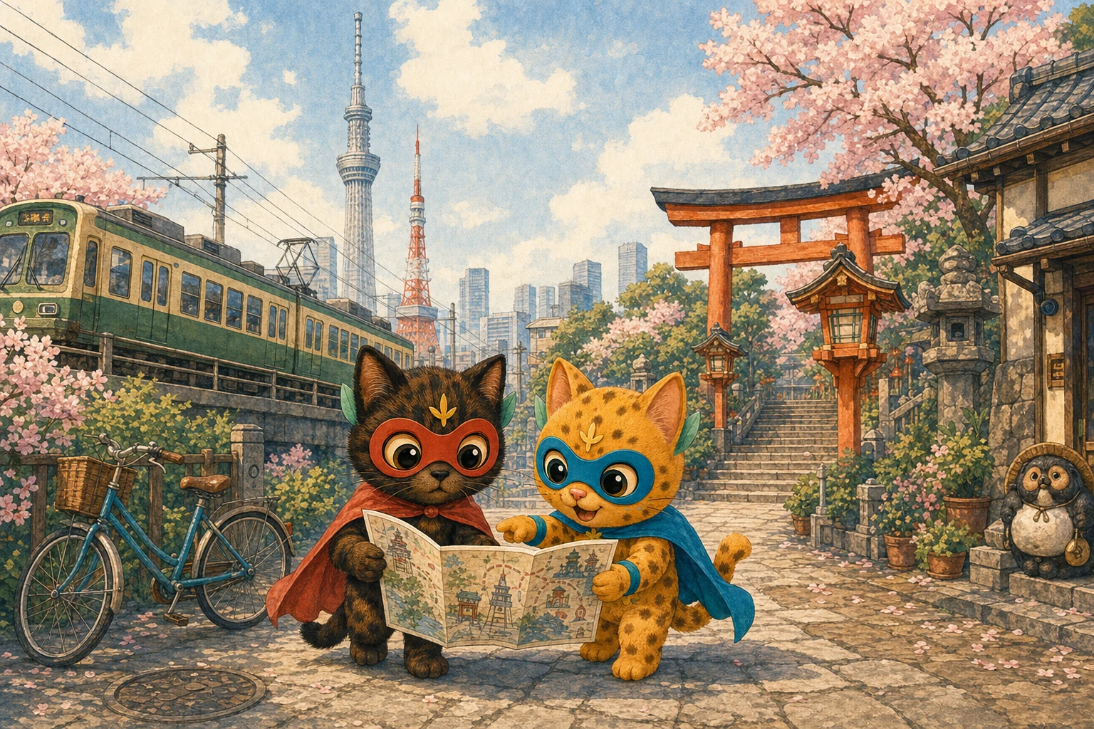 Bobo and Lumen explore a Tokyo neighborhood where a shrine, train, and modern skyline meet